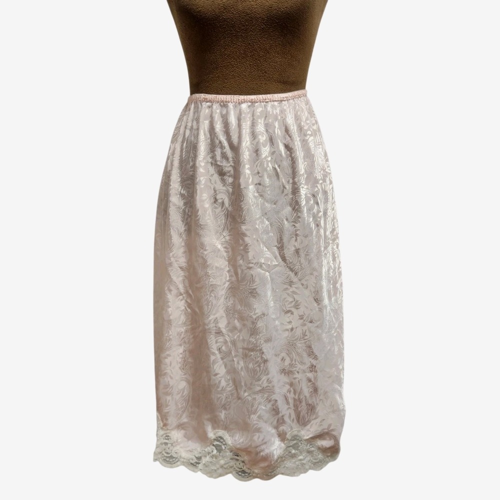 Vintage Lucie Ann II Slip Skirt Size M Satin Lace Light Pink Elastic Waist
